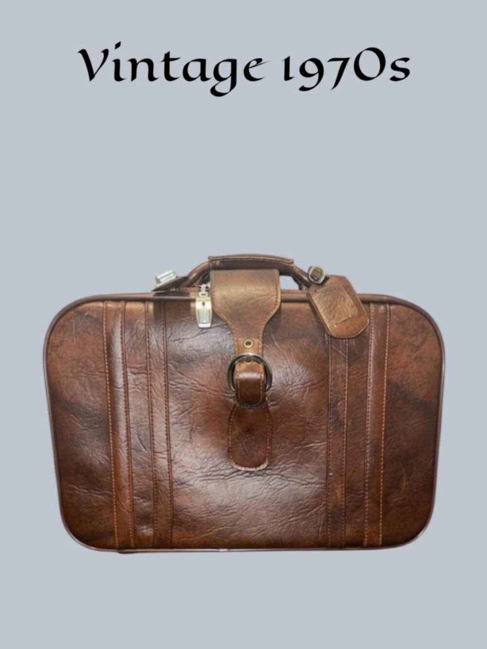Vintage 1970s Chestnut Brown Leather Rectangle Zip Suitcase